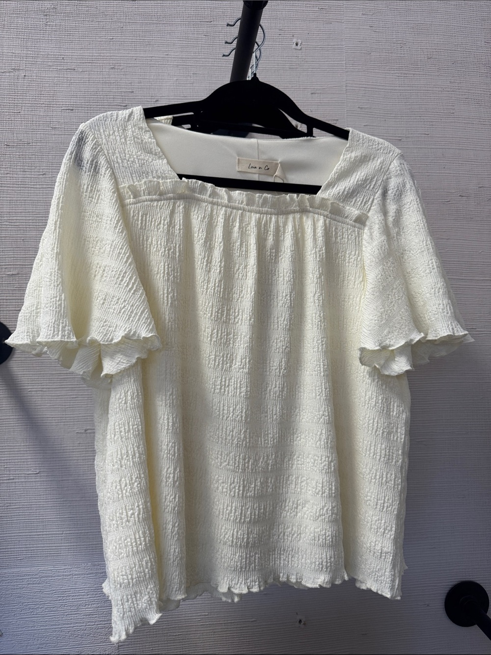 Cream Textured Square-Neck Flutter Sleeve Blouse
